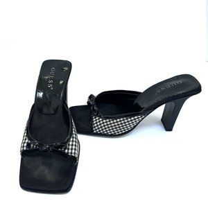 GUESS Square Toe Gingham Heeled Slide Sandals